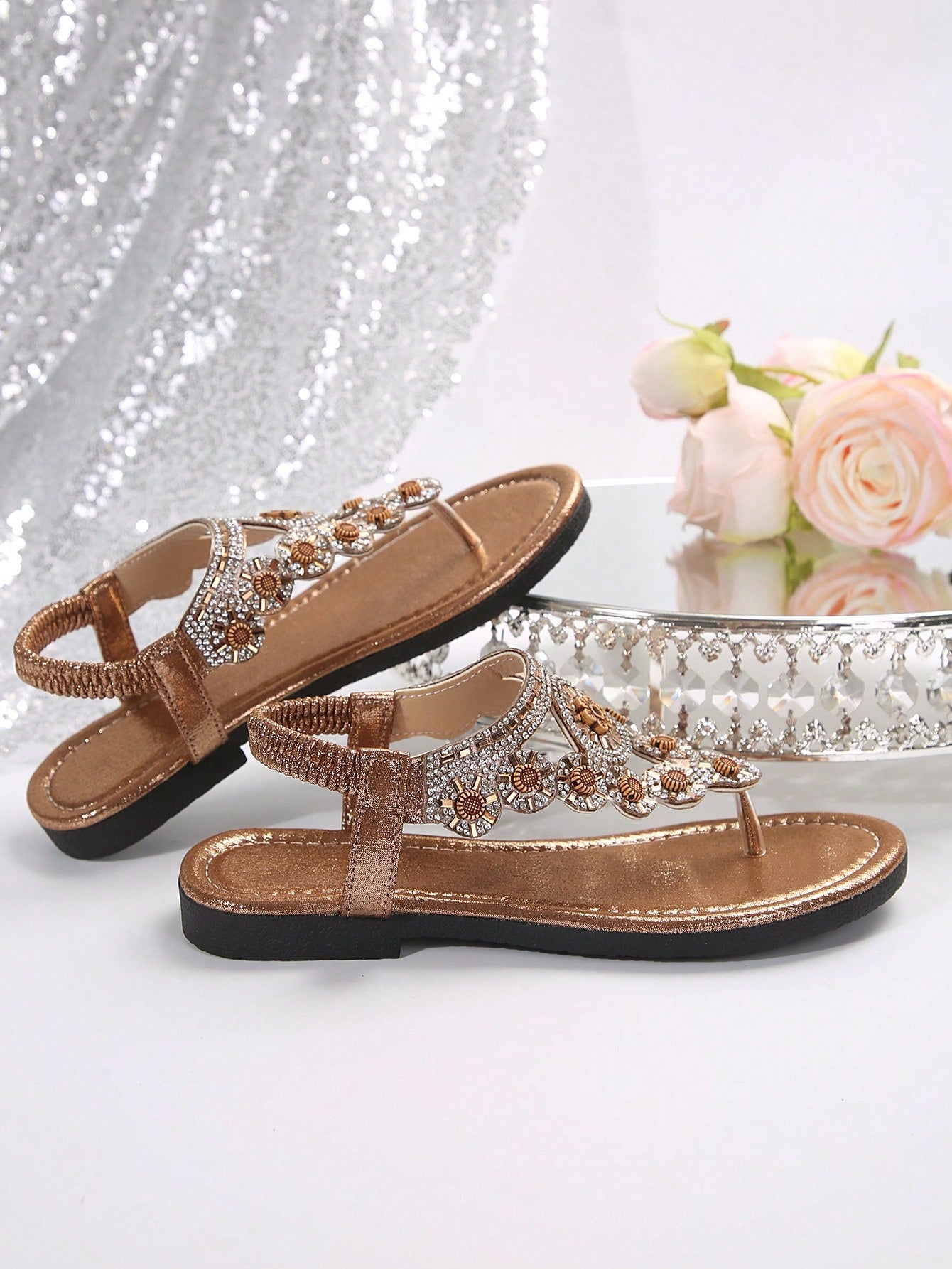 Women Sandals, Bohemian National Style Flat Sandals With Rhinestone Decoration, Open Toe T-Strap Clip Toe Beach Shoes, Summer