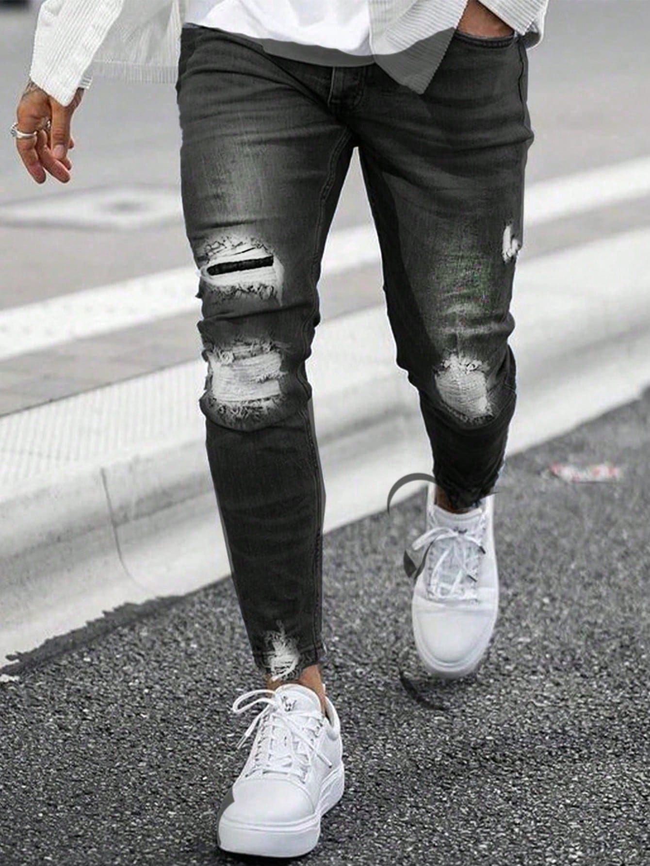 Men Ripped Frayed Bleach Wash Skinny Jeans