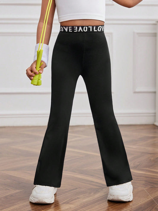 Young Girl Knitted Solid Color High-Waisted Bodycon Flared Pants With Letter Decoration