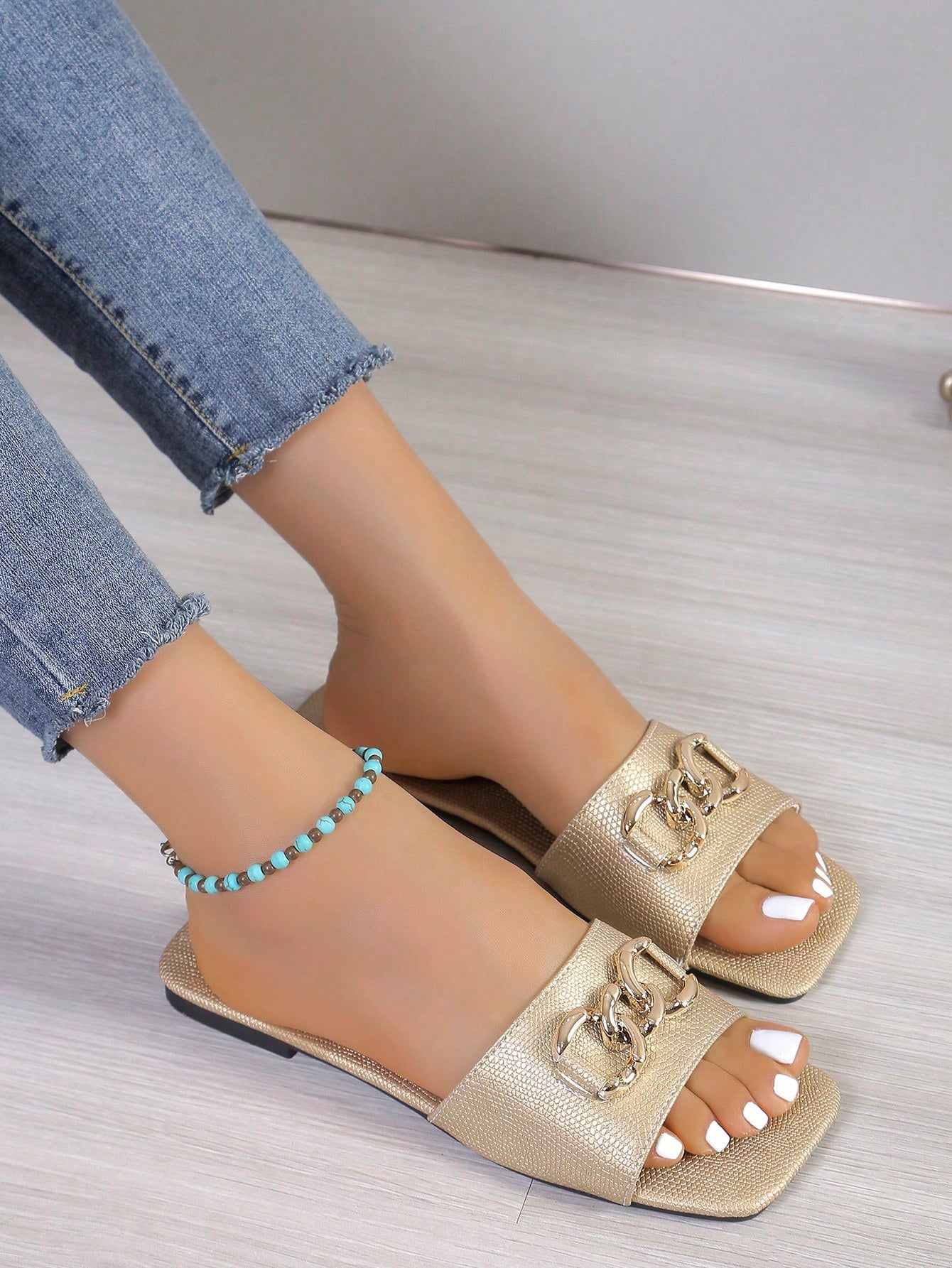 Women Simple Chain Decor Flat Sandals, Outdoor Casual 2-Way Slip-On Slippers, Summer New Shoes