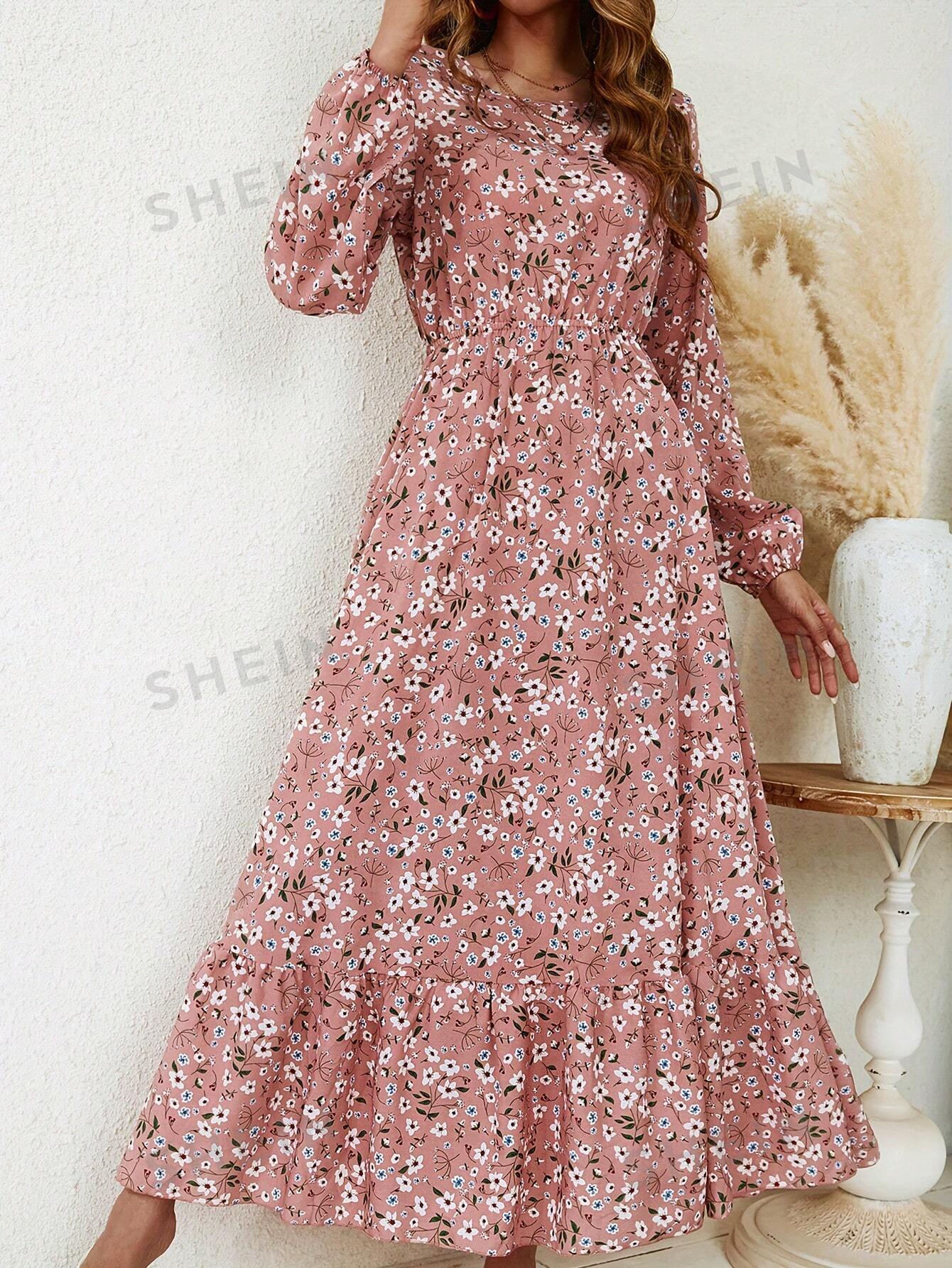 LUNE Round Neck Floral Print Ruffle Hem Long Sleeve Dress