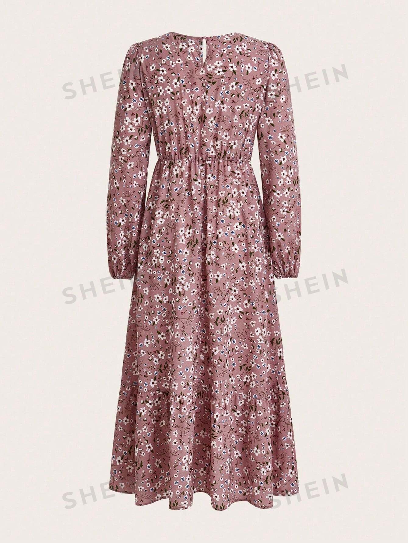 LUNE Round Neck Floral Print Ruffle Hem Long Sleeve Dress