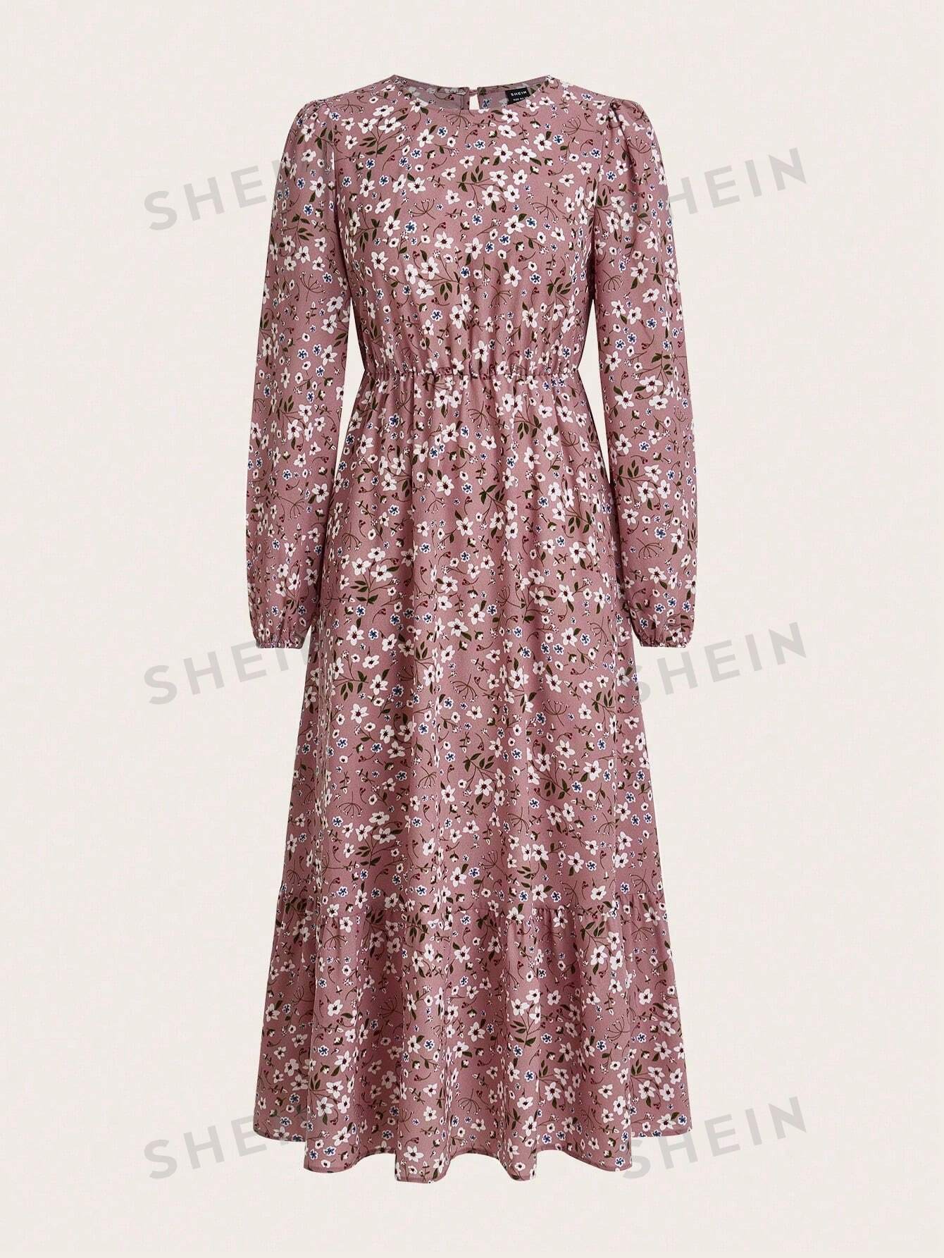 LUNE Round Neck Floral Print Ruffle Hem Long Sleeve Dress