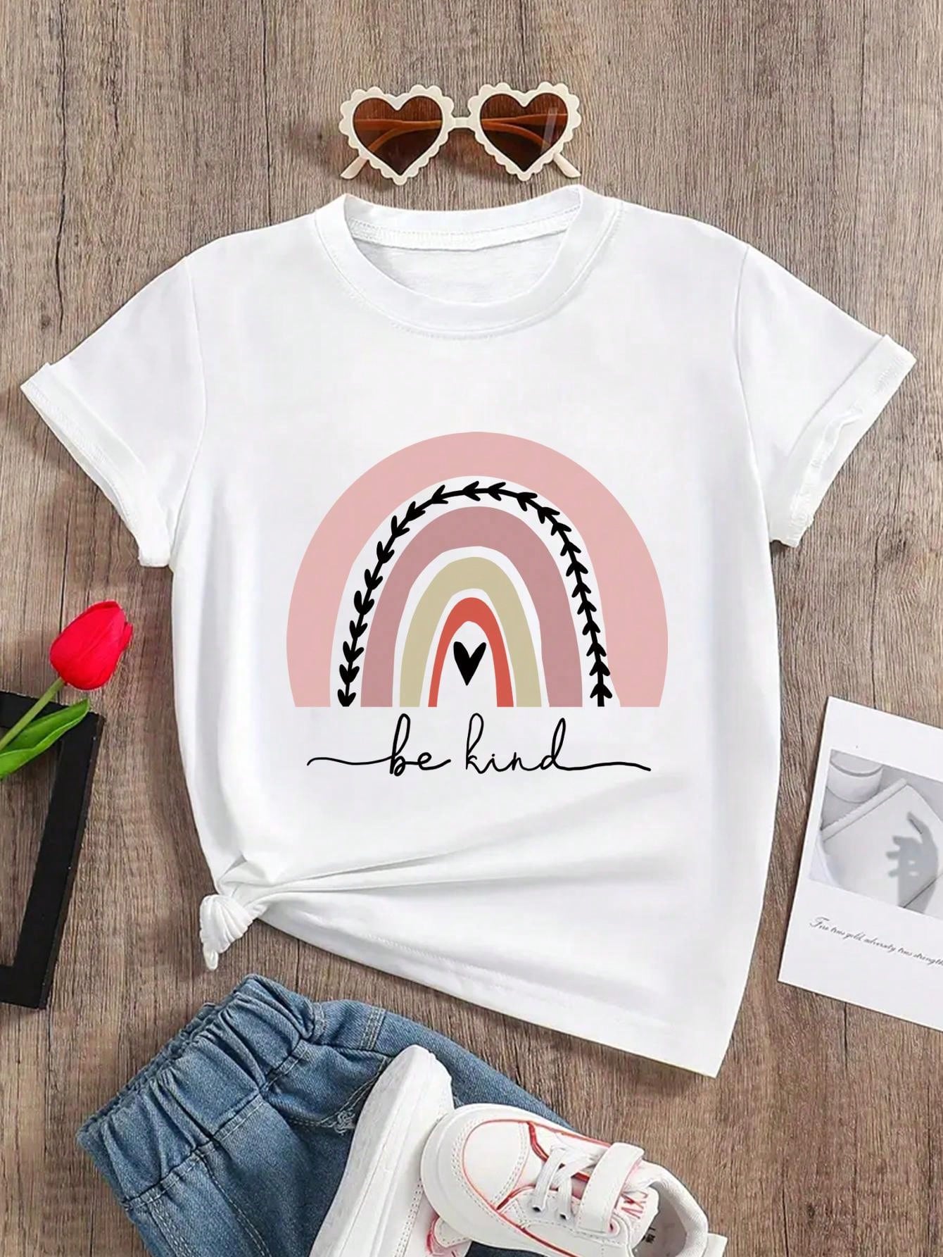 Tween Girl Casual Rainbow Letter Printed Round Neck Short Sleeve T-Shirt, Summer