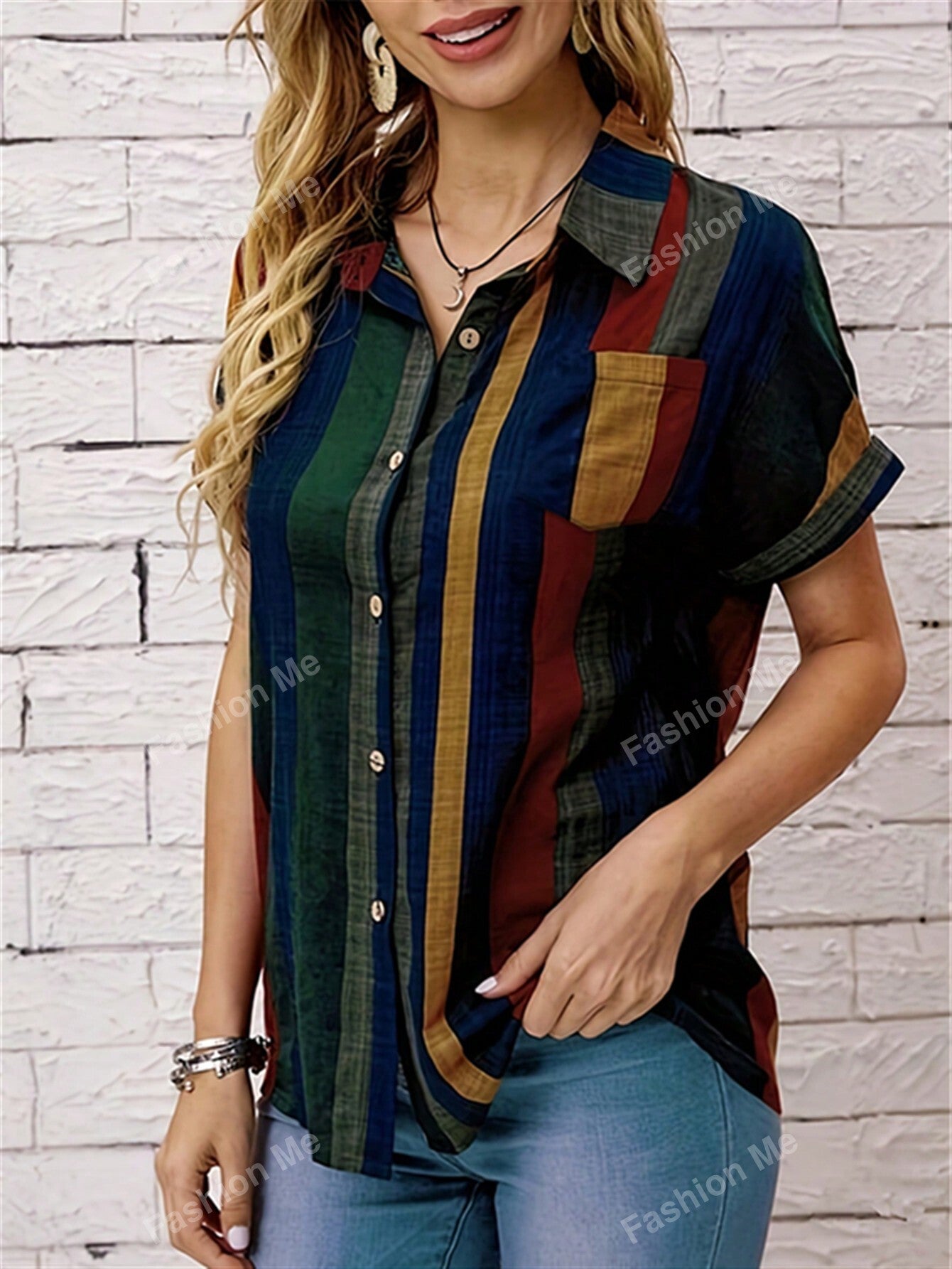 Women'S Striped Print Short Sleeve Shirt