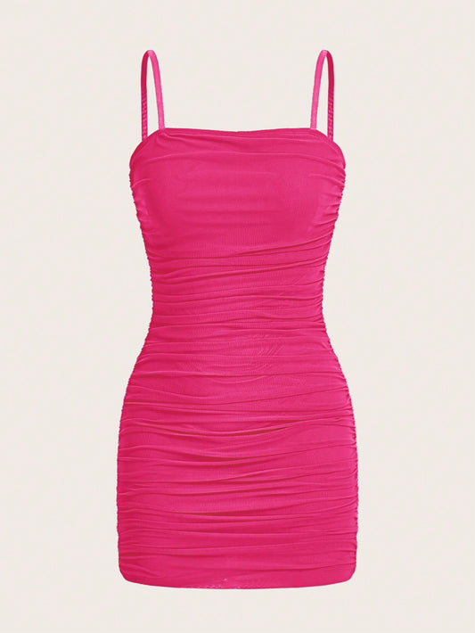 EZwear Solid Color Pleated Bodycon Sleeveless Cami Dress With Thin Straps For Summer