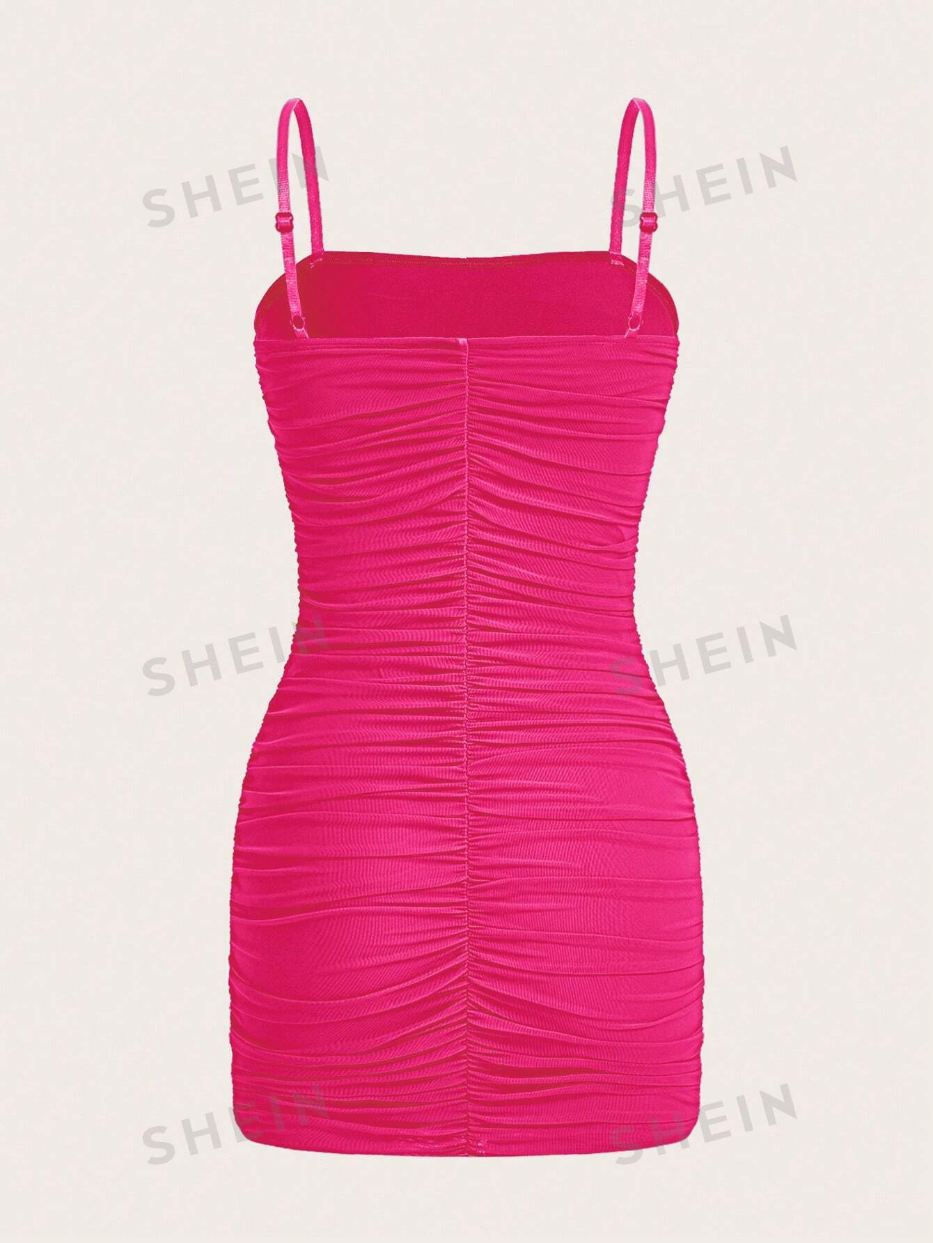 EZwear Solid Color Pleated Bodycon Sleeveless Cami Dress With Thin Straps For Summer