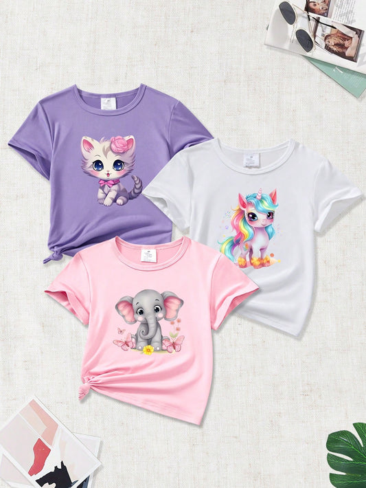 Young Girl 3pcs Cute Animal Print Casual Short Sleeve T-Shirt For Summer