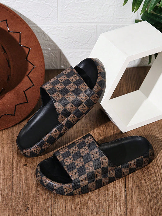 Men's Fashionable Printed Retro Color-Blocking Plaid Slides, Suitable For Indoor And Outdoor Activities Such As Beach, Stream Crossing, Slip-Resistance And Casual Use