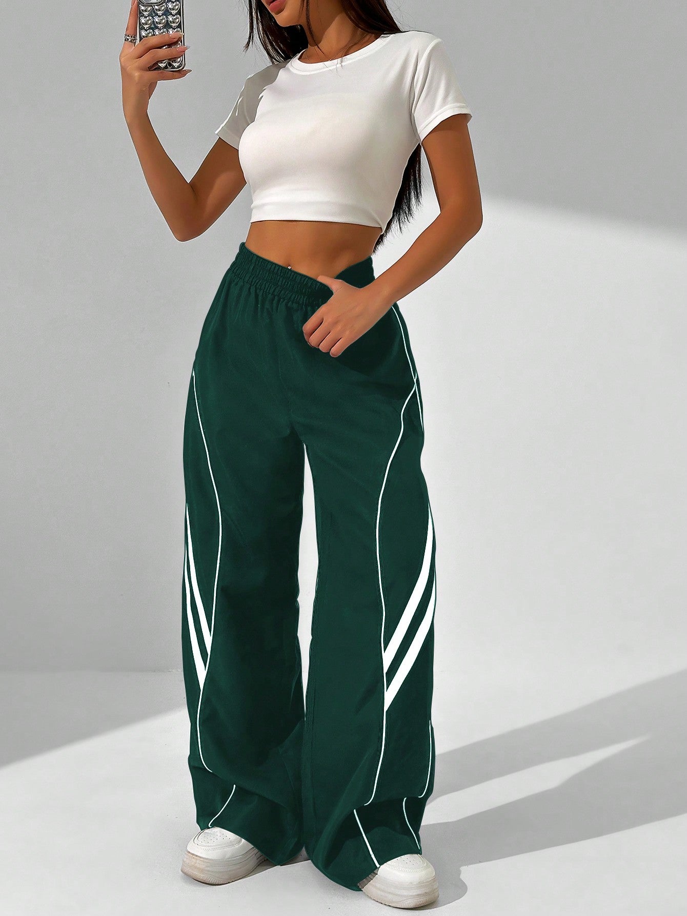 Women's Fashionable Loose-Fit Casual Color-Block Wide Leg Pants