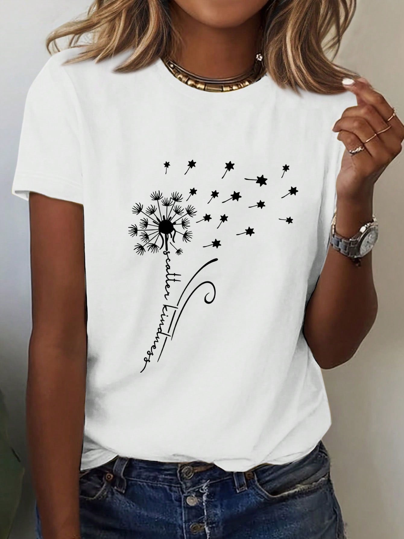 EMERY ROSE Dandelion Butterfly Pattern Short Sleeve Round Neck T-Shirt Casual Graphic Tees Women Tops