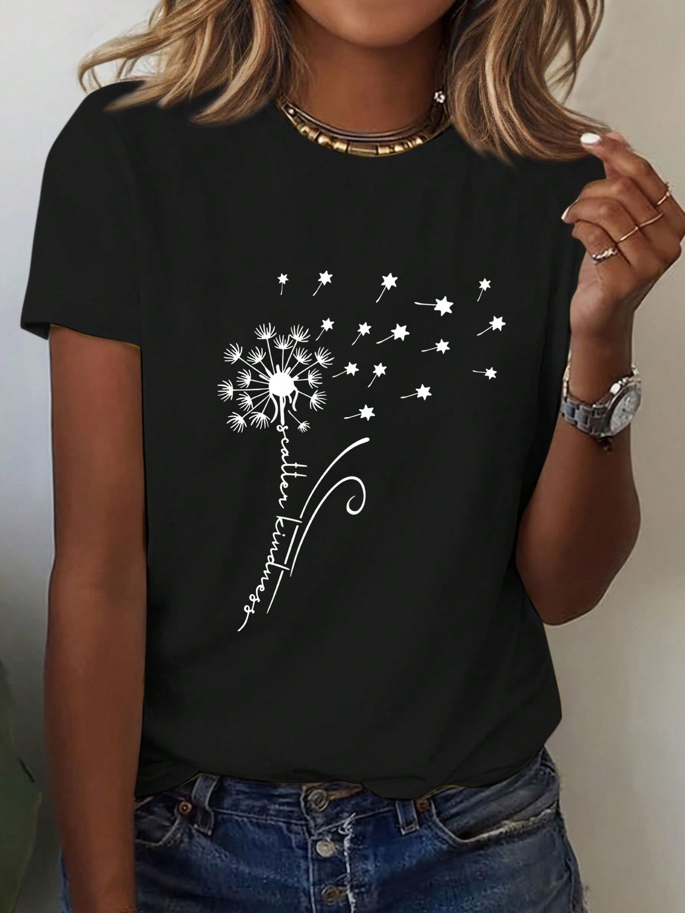 EMERY ROSE Dandelion Butterfly Pattern Short Sleeve Round Neck T-Shirt Casual Graphic Tees Women Tops