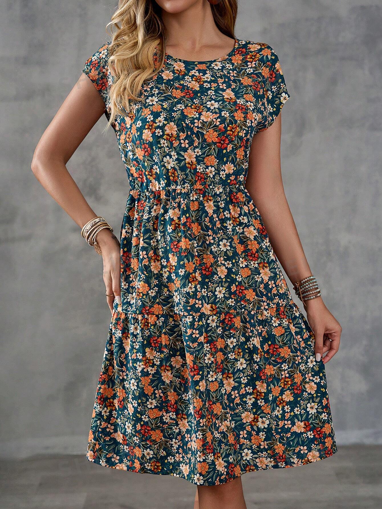 ROSE Women's Floral Print Round Neck Short Sleeve Dress