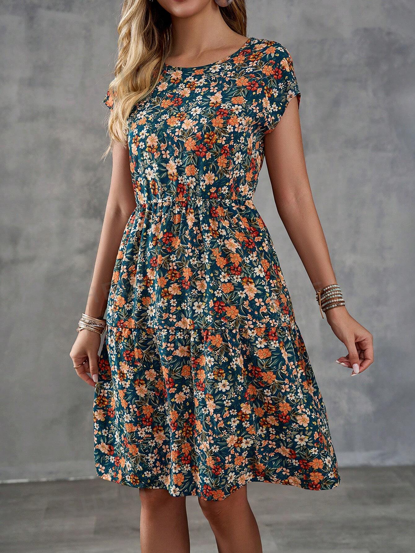 ROSE Women's Floral Print Round Neck Short Sleeve Dress