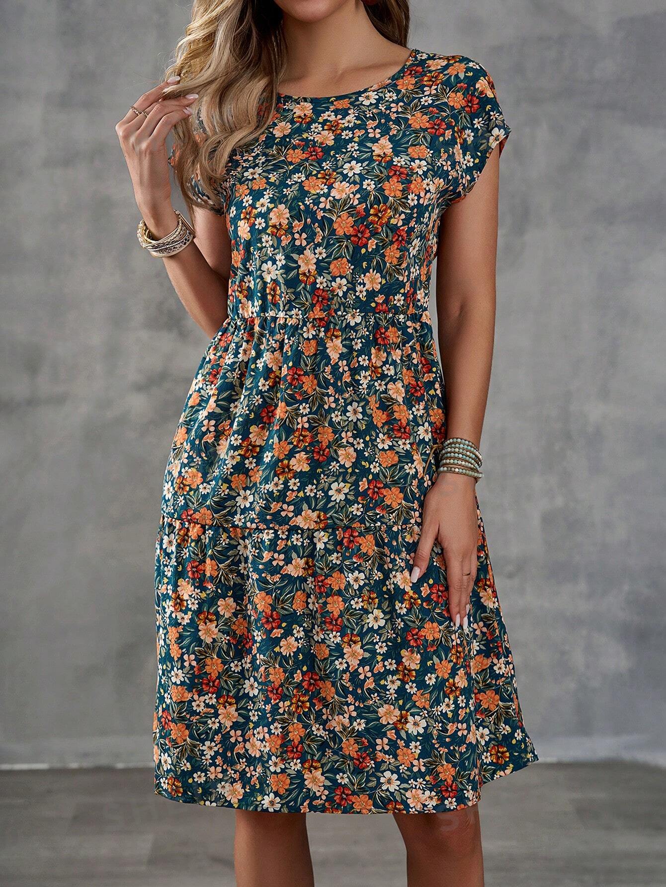 ROSE Women's Floral Print Round Neck Short Sleeve Dress