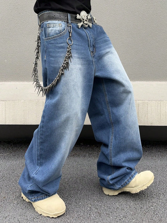 Manfinity EMRG Men's Street Style Loose Wide Leg Jeans Oversize Long Washed Light Jean Cargo Plain Blue Party Y2K Friends