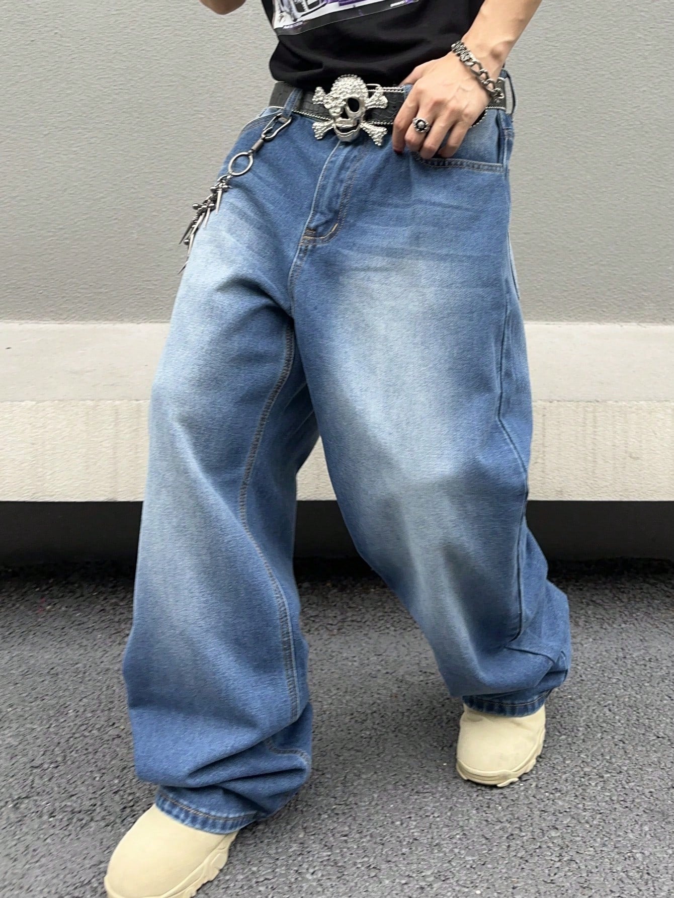 Manfinity EMRG Men's Street Style Loose Wide Leg Jeans Oversize Long Washed Light Jean Cargo Plain Blue Party Y2K Friends