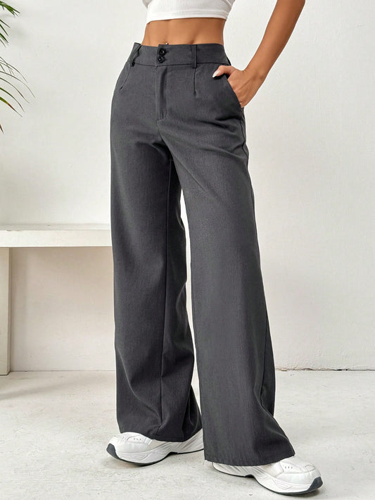 EZwear Women's Casual Loose Straight Wide Leg Trousers With Pockets, Solid Color