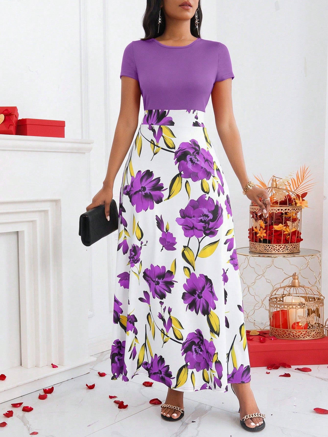 Lyxana Summer Daily Floral Print Slim Fit Short Sleeve Dress Maxi Women Outfit