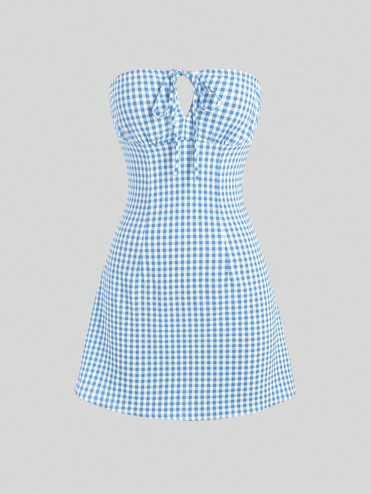 MOD Summer Casual Plaid Strapless Dress