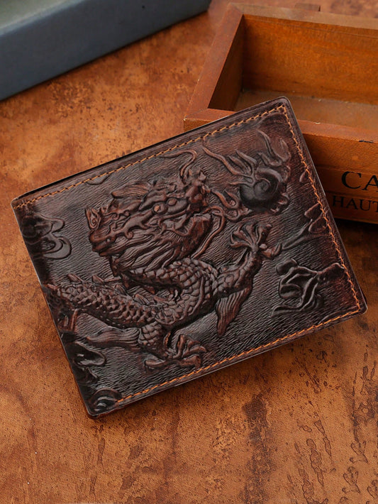 RFID Blocking Vintage Men Wallet Genuine Leather 3D Printed Dragon Card Holder Wallet Pocket Purse