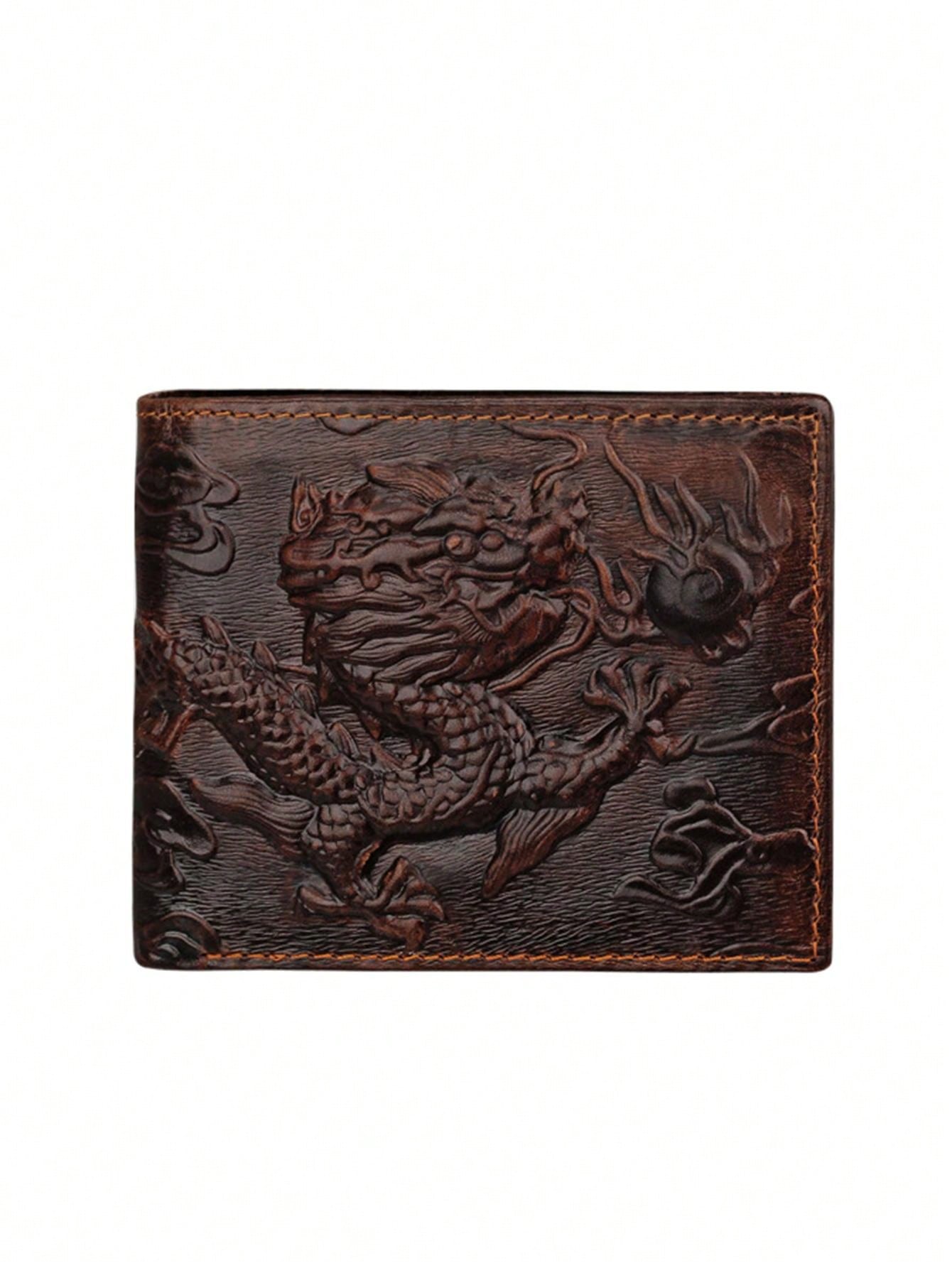 RFID Blocking Vintage Men Wallet Genuine Leather 3D Printed Dragon Card Holder Wallet Pocket Purse