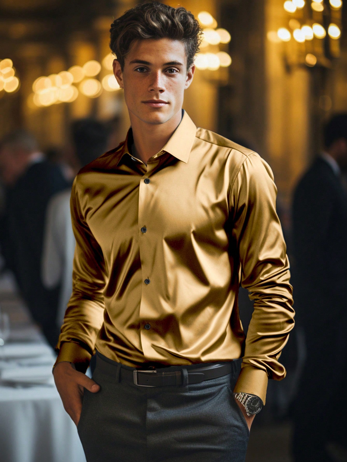 Men's Satin Fabric Long Sleeve Dress Shirt