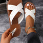 European And American Style Simple White Flat Sandals For Women, Casual Outdoor Beach Slippers With PU Leather Cross Straps