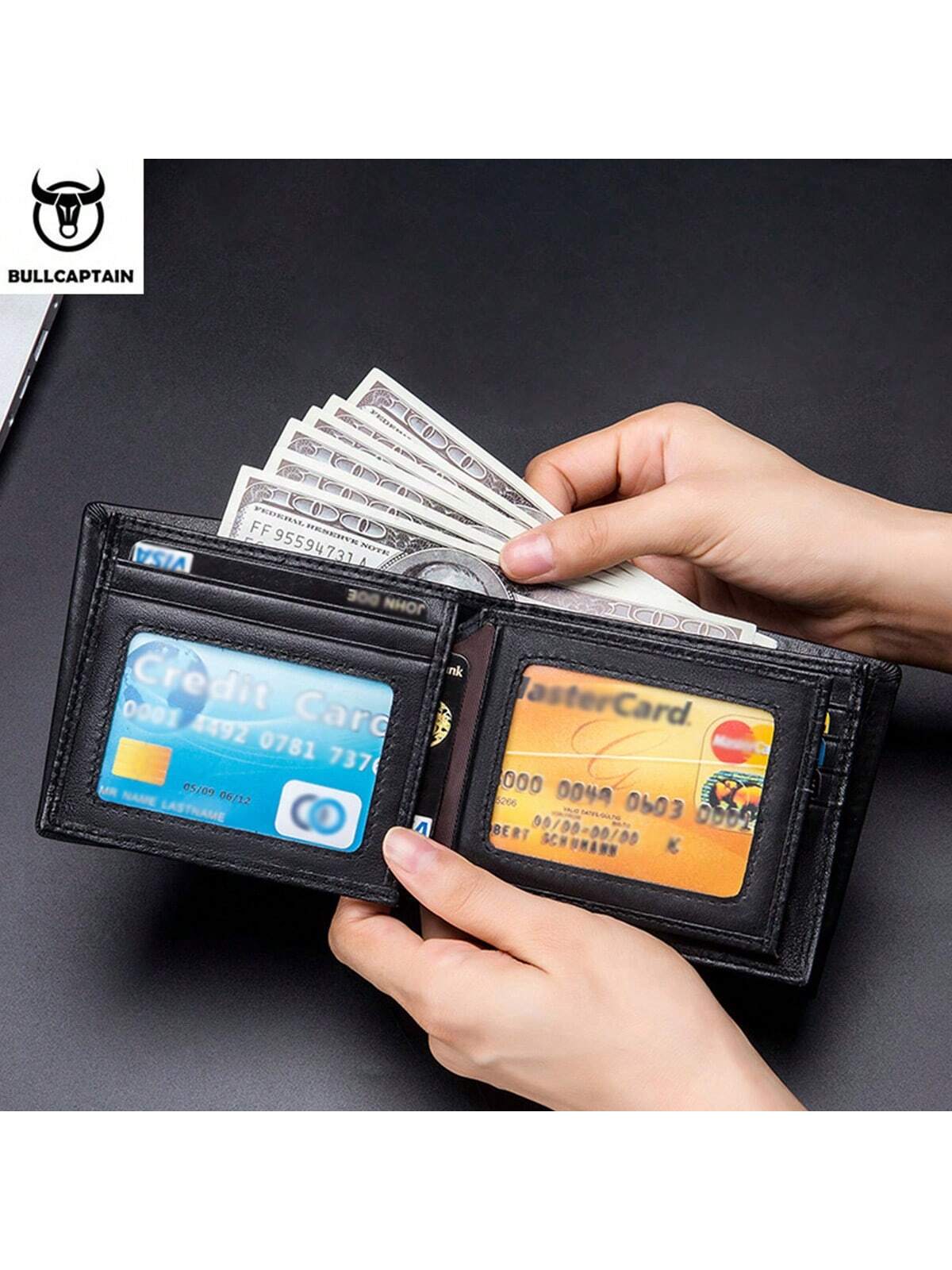 Men's Genuine Leather Short Wallet RFlD Blocking Bull Head PatternWallet Multiple Card Slots Purse Three-Fold Large Capacity Card Holder Gift For Men