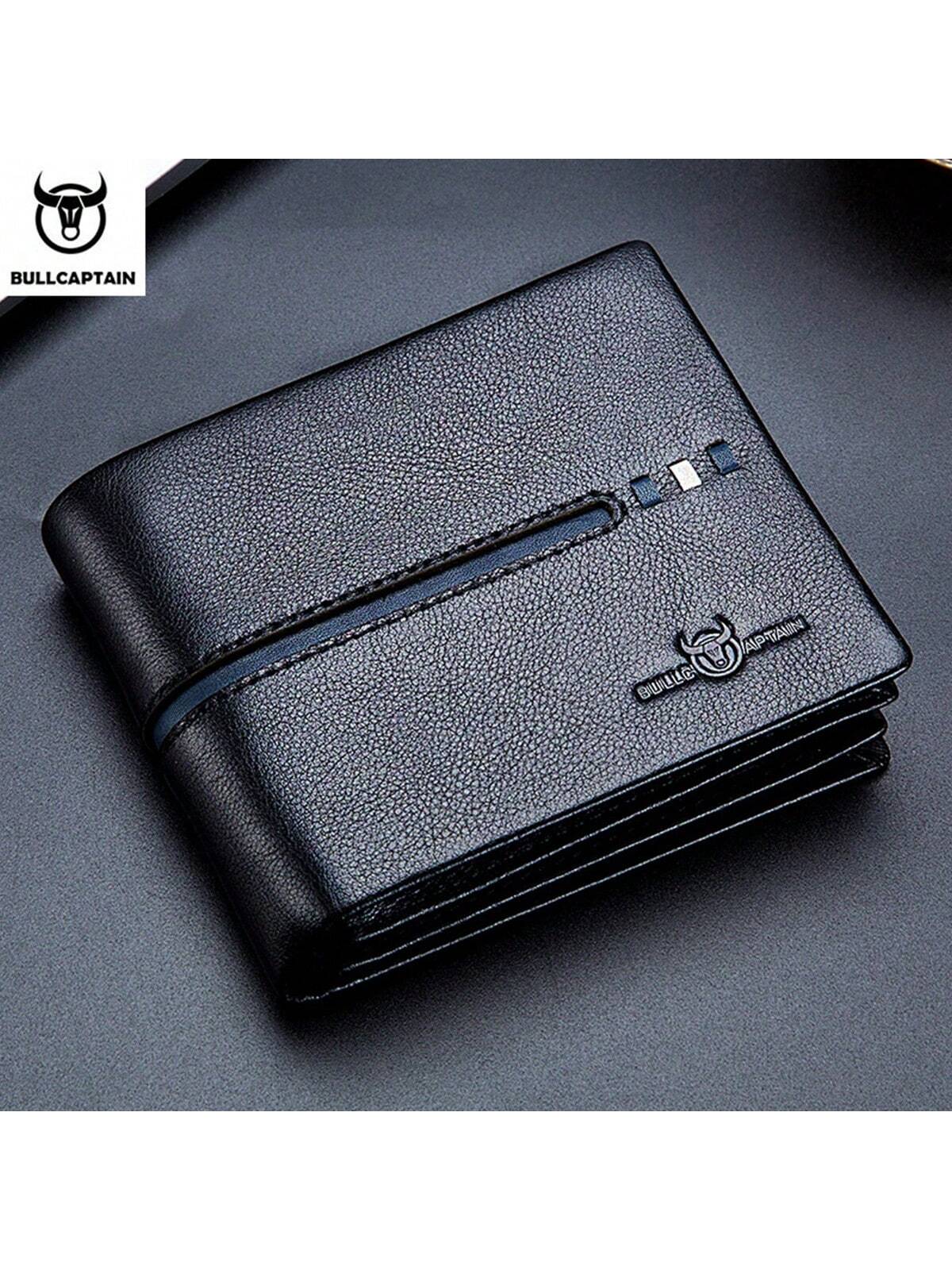 Men's Genuine Leather Short Wallet RFlD Blocking Bull Head PatternWallet Multiple Card Slots Purse Three-Fold Large Capacity Card Holder Gift For Men