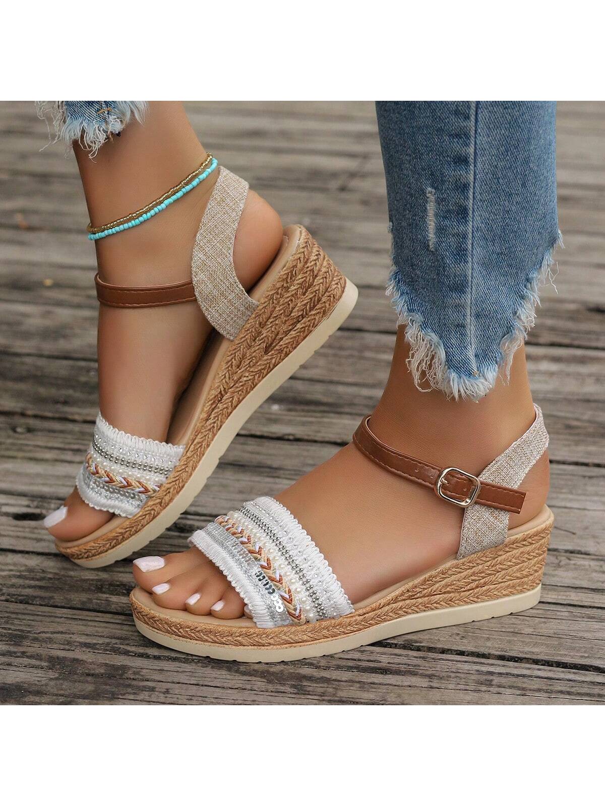 2024 New Arrival Women's White Wedge Sandals, Waterproof Platform Fashionable Slipper For Outdoor Activities, Open Toe Thick Heel Beach Shoes With Ankle Strap, Flat Sole