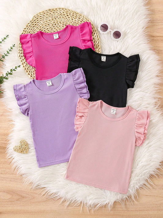 Young Girl Simple Classic Fly Sleeve Three-Piece T-Shirt Set For Summer