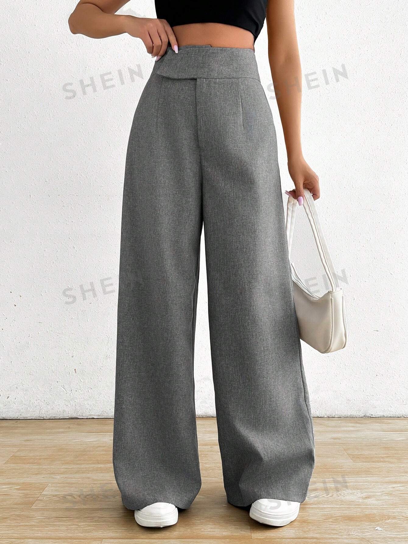 Privé Women's Casual Asymmetrical High Waisted Wide Leg Pants