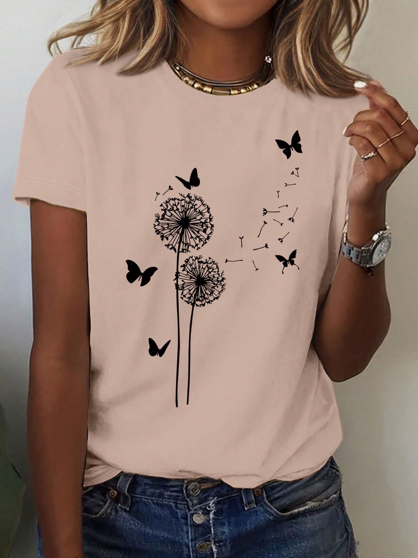 EMERY ROSE Dandelion Butterfly Pattern Short Sleeve Round Neck T-Shirt Casual Graphic Tees Women Tops