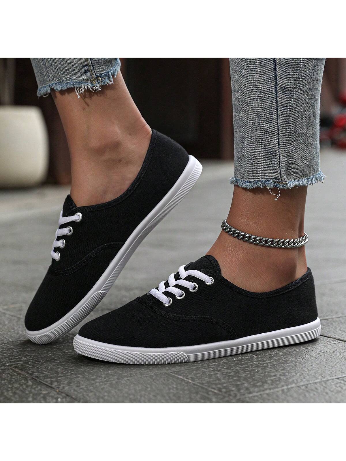 Women Canvas Sports Shoes-Couple Shoes, Breathable Round Toe Lace-Up Casual Shoes, Spring, Summer, Autumn Solid Color Fashion Sneakers. Available In White, Black, Blue, Pink, Black