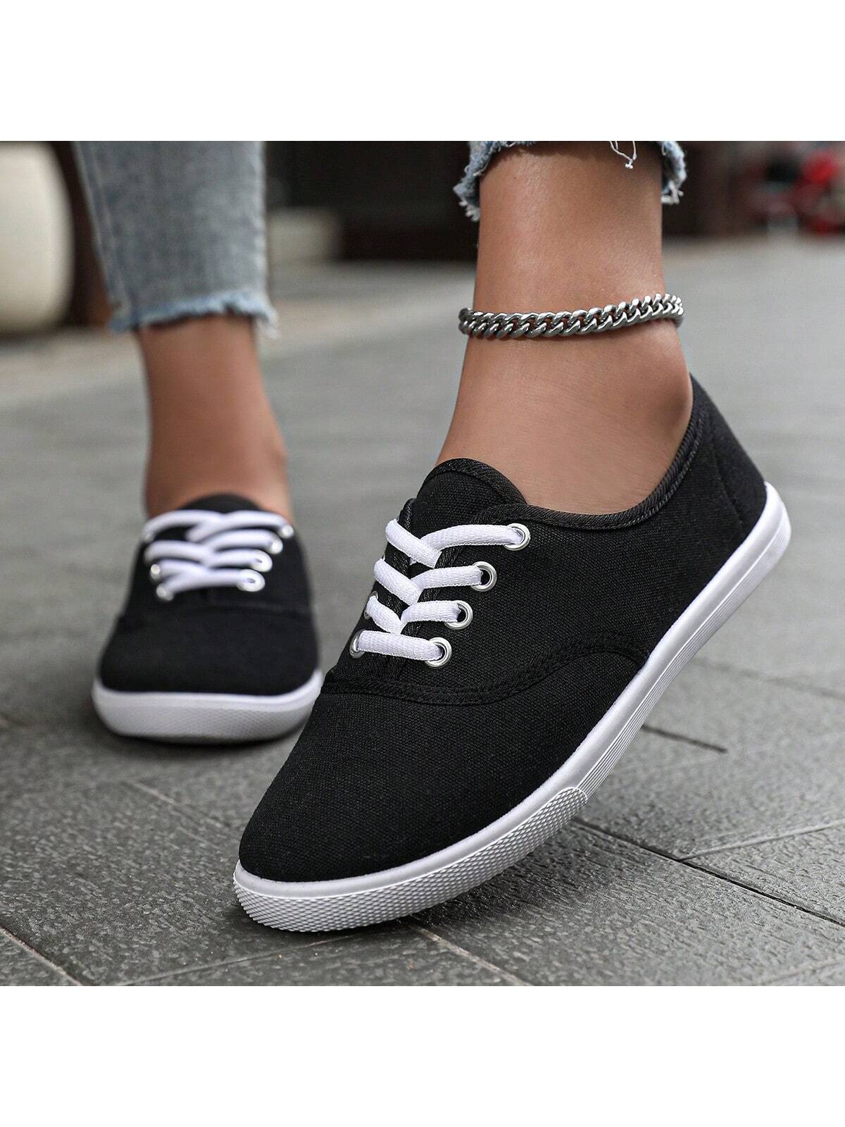 Women Canvas Sports Shoes-Couple Shoes, Breathable Round Toe Lace-Up Casual Shoes, Spring, Summer, Autumn Solid Color Fashion Sneakers. Available In White, Black, Blue, Pink, Black