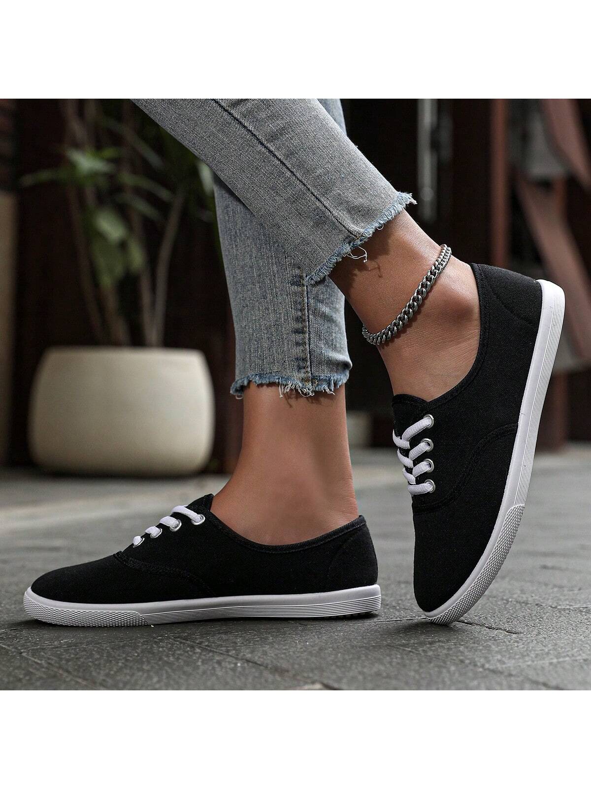 Women Canvas Sports Shoes-Couple Shoes, Breathable Round Toe Lace-Up Casual Shoes, Spring, Summer, Autumn Solid Color Fashion Sneakers. Available In White, Black, Blue, Pink, Black