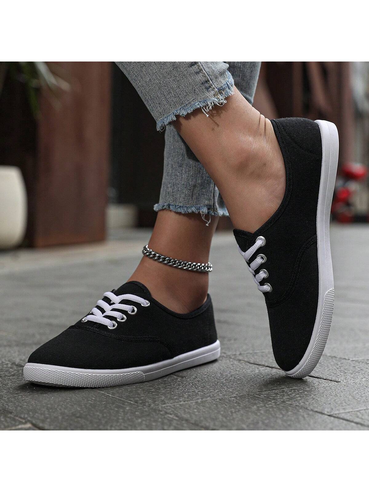 Women Canvas Sports Shoes-Couple Shoes, Breathable Round Toe Lace-Up Casual Shoes, Spring, Summer, Autumn Solid Color Fashion Sneakers. Available In White, Black, Blue, Pink, Black