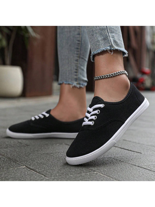 Women Canvas Sports Shoes-Couple Shoes, Breathable Round Toe Lace-Up Casual Shoes, Spring, Summer, Autumn Solid Color Fashion Sneakers. Available In White, Black, Blue, Pink, Black