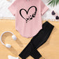 Young Girl 2pcs/Set Casual Heart Pattern Pink Short Sleeve T-Shirt And Long Pants, Summer