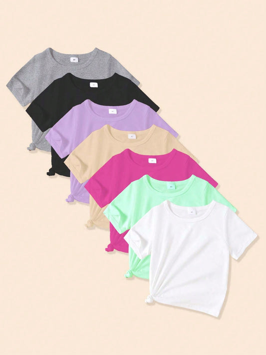 Young Girl Summer Solid Color Round Neck Short Sleeve T-Shirt, 7 Pcs, Casual