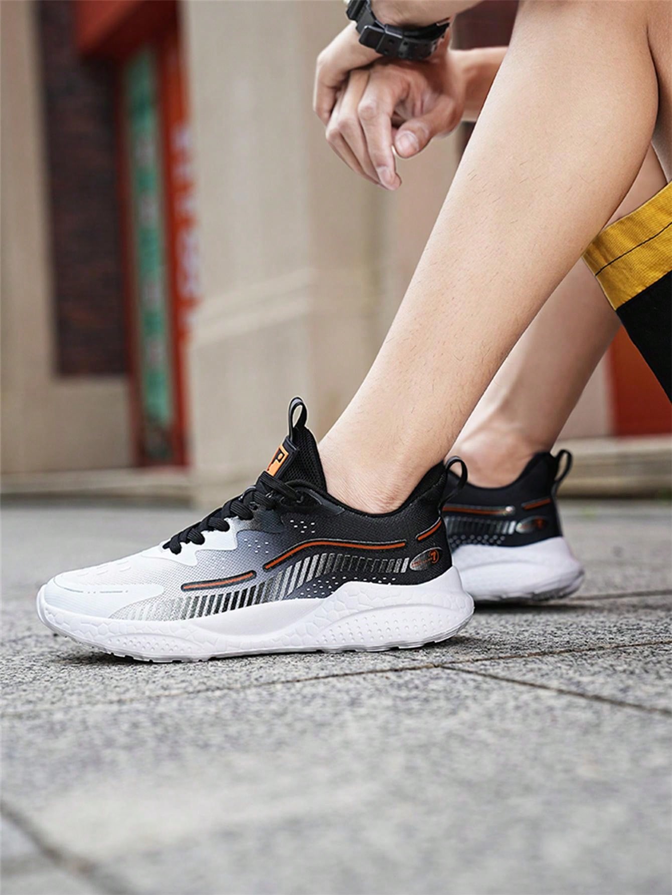 Men's Unique Design Black And White Mesh Running Shoes, Lightweight Outdoor Casual Lover's Sport Shoes