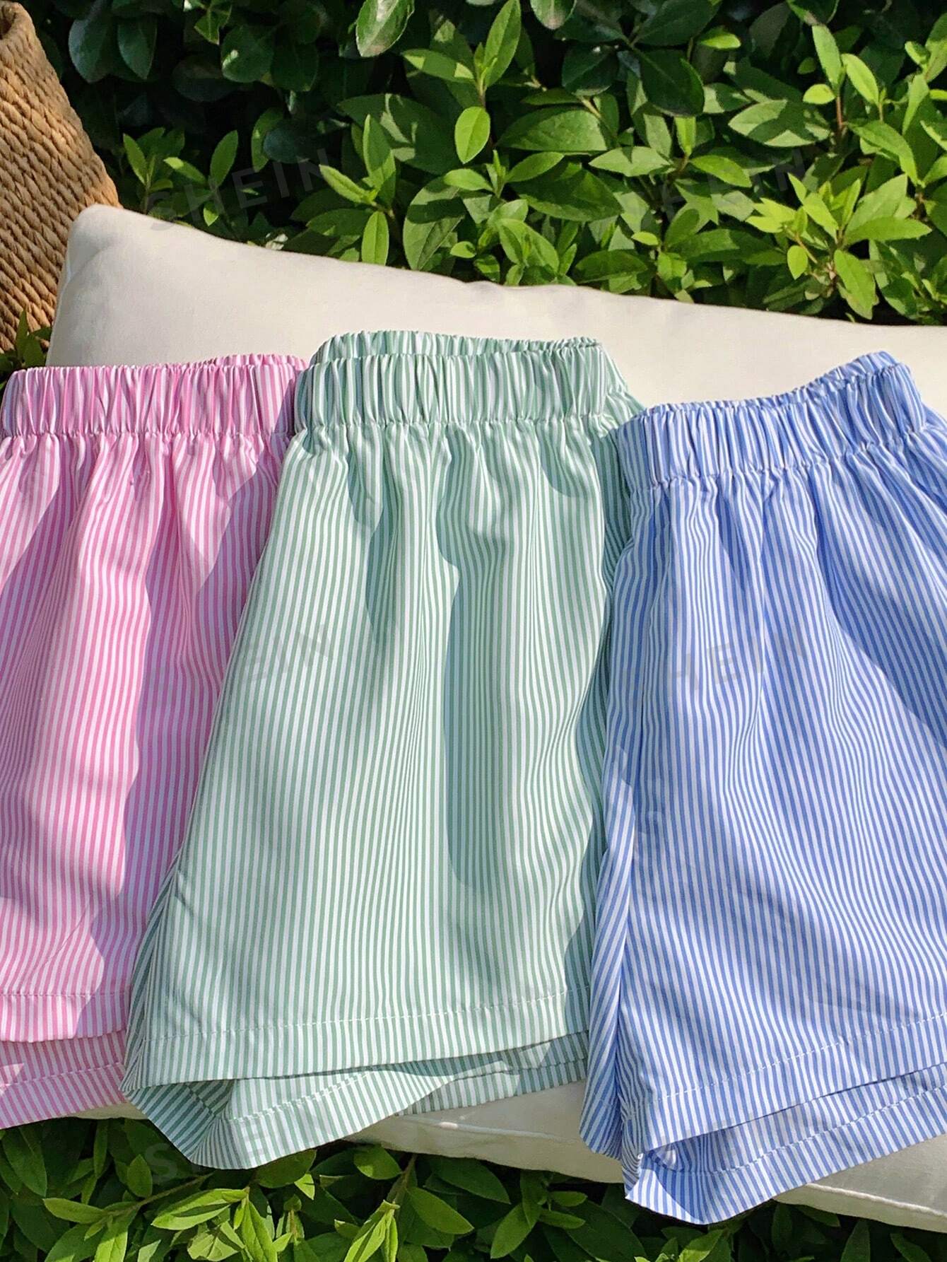 Comfortcana 3pcsWomen's Fashionable Multicolor Striped Woven Shorts Set