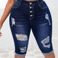 Plus Size Distressed Cropped Jeans With Frayed Hem And Whiskering