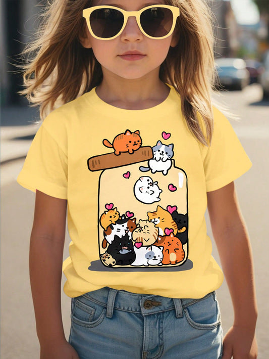 Young Girl Cute Cat Printed T-Shirt