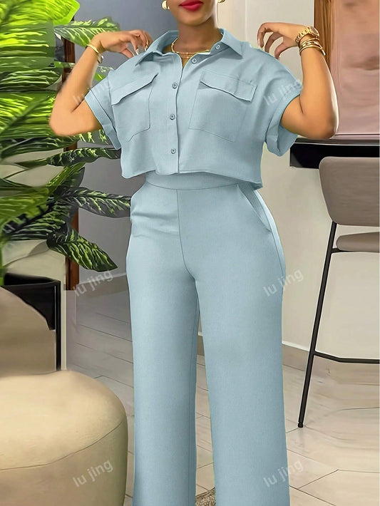 2pcs Set: Solid Color Button Front Short Sleeve Top And Pocket Pants, Elegant Summer Outfit