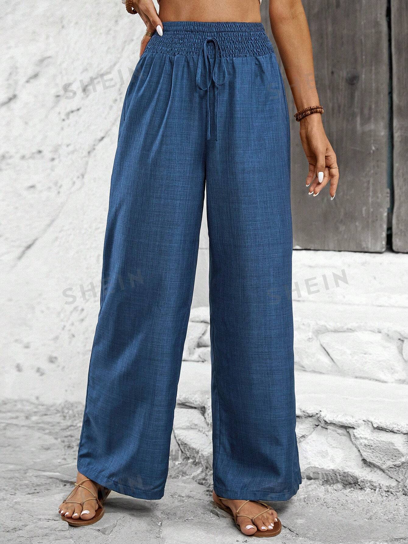 VCAY Solid Color Straight Leg High-Waisted Casual Pants Ideal For Vacation And Leisure