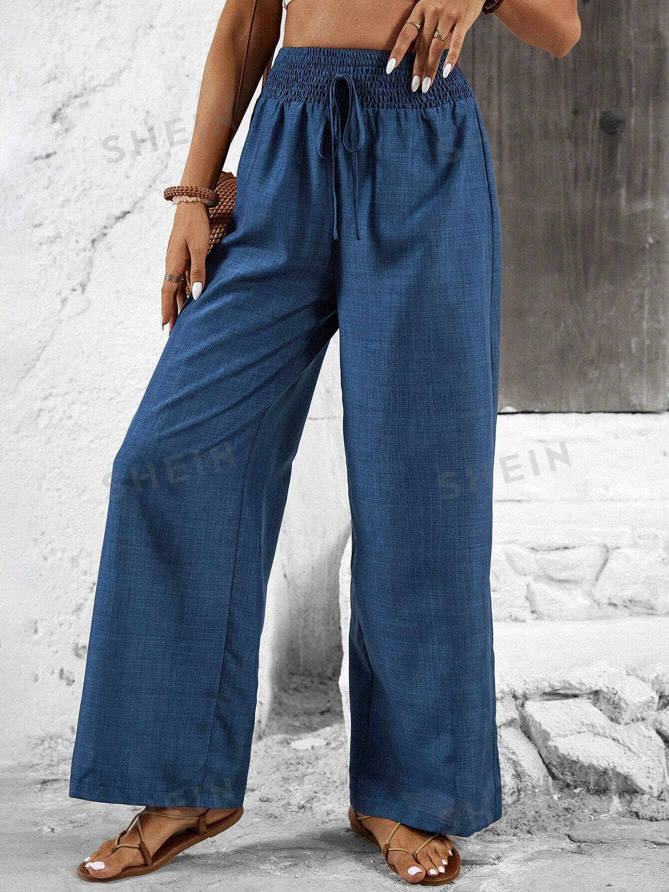 VCAY Solid Color Straight Leg High-Waisted Casual Pants Ideal For Vacation And Leisure