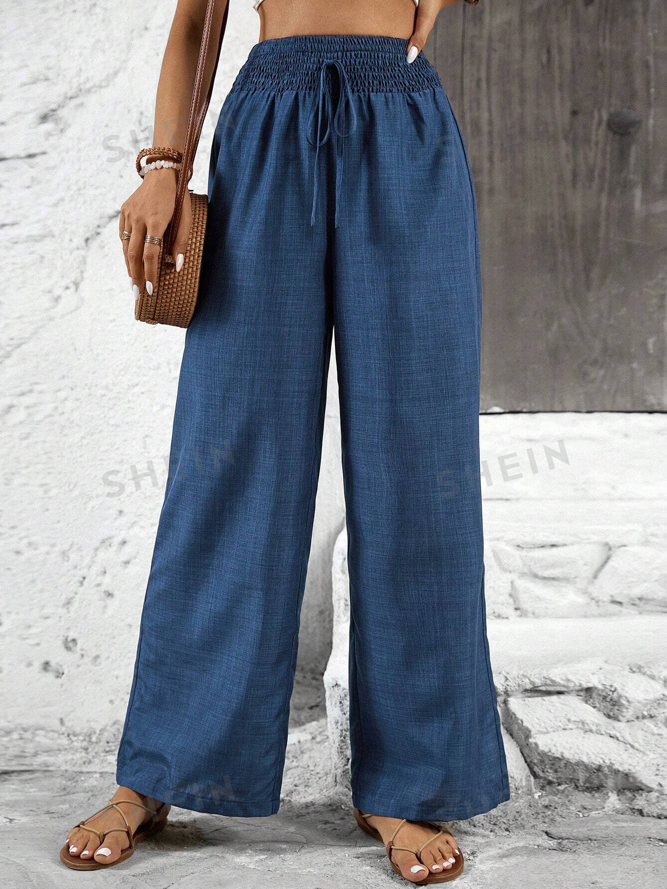 VCAY Solid Color Straight Leg High-Waisted Casual Pants Ideal For Vacation And Leisure