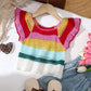 Young Girl Knitted Rainbow Gradient Square Neck Frilled Hem Fitted Short Casual Sweater